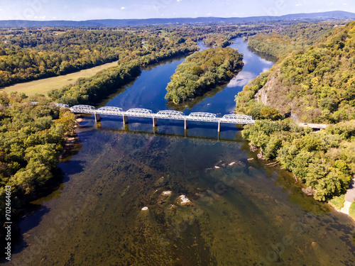 Transport bridge over the Potomac River on the border of Virginia and Maryland. Aerial view of nature and traffic