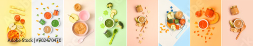 Collage of healthy baby food on color background