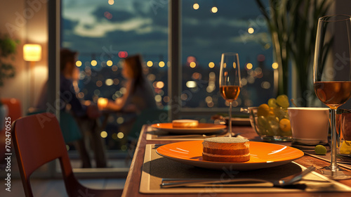 Deux parts de tiramisu attendent le couple qui est allé sur la terrasse avant le dessert romantique, dîner chaleureux en amoureux à la maison, dans un appartement de ville