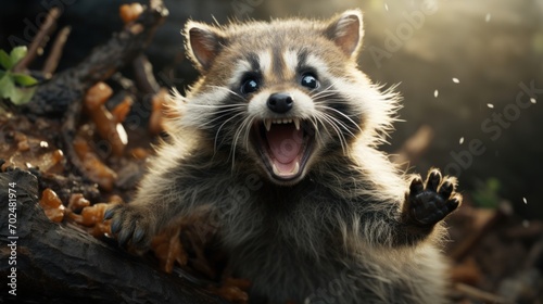 Raccoon with raised paw and open mouth in the forest. Funny animal. Perfect for use in wildlife publications, conservation awareness, or as wall art.