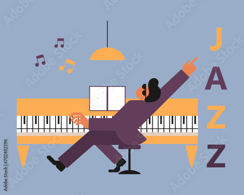 Jazz poster, pianist plays the piano. Music banner, invitation, flyer. Flat style, vector