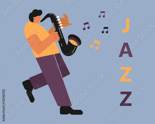 Jazz poster, musician with saxophone. Music banner, invitation, flyer. Flat style, vector