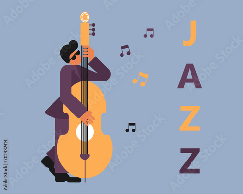 Jazz poster, musician with double bass. Music banner, invitation, flyer. Flat style, vector