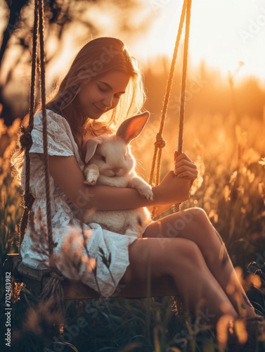 Beautiful young woman sitts on hangign swing and hugs an easter bunny in the sunset. 