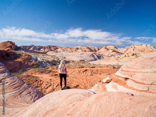 Hiker enjoying the view, Rock Formations, Valley of Fire State Park..Las Vegas, Nevada, USA