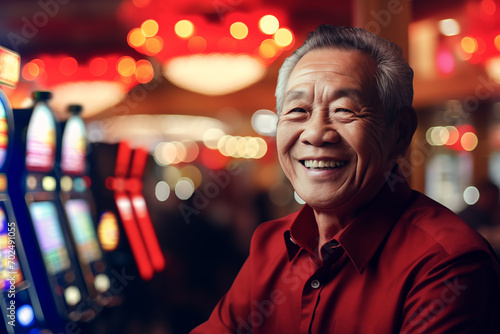 Satisfied, joyful pensioner of Asian origin smiling, sitting in a red shirt near slot machines on a blurred casino background.