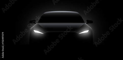 Front car silhouette with rear white lights on dark black background, wallpaper, banner template. Vector illustration