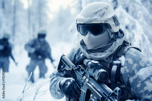 Soldiers, clad in winter camouflage, execute an Arctic warfare operation in cold conditions, armed and positioned within a snowy forest battlefield.
