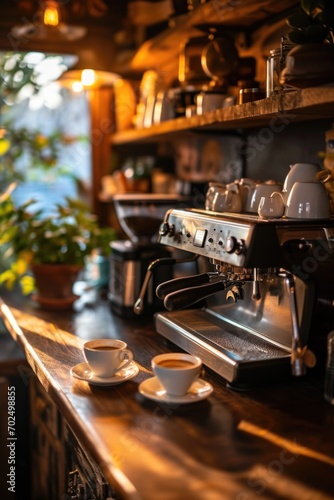 A coffee machine placed on a wooden counter. Perfect for cafes, restaurants, and home kitchens