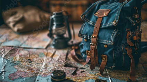 A blue backpack is placed on top of a map, ready for an adventure