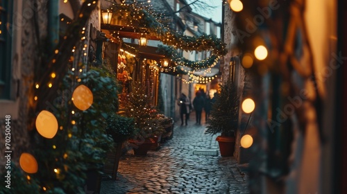 A person is seen walking down a cobblestone street at night. This image can be used to depict urban nightlife or explore themes of solitude and reflection