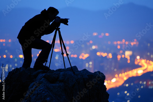 Silhouette of a person taking a photograph from a high vantage point overlooking a cityscape illuminated by lights