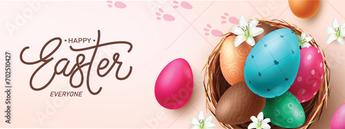 Happy easter greeting vector banner design. Happy easter egg fun hunt holiday season celebration with eggs colorful print and pattern in nest elements decoration. Vector illustration easter egg 