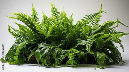 Green leaves tropical foliage plant bush of cascading Fishtail fern or forked giant sword fern (Nephrolepis spp.) the shade garden landscaping shrub plant isolated on white background : Generative AI