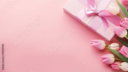 Mother's Day concept. Top view photo of stylish pink giftbox with ribbon bow and bouquet of tulips on isolated pastel pink background with copyspace : Generative AI