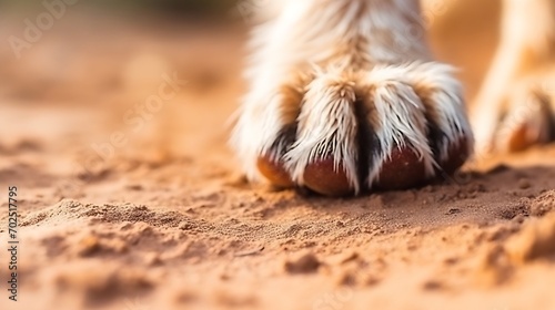Dog paws close up. Defocused abstract background. Dog claws with dirt and scratches after training. Nail trimming. Animal claw care, health care. : Generative AI