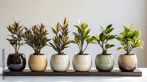 Plants in white ceramic pot: ficus lyrata, Sansevieria, pachira, zz zamioculcas zamiifolia or zanzibar gem plant. Variety of species. Isolated on a white background. : Generative AI