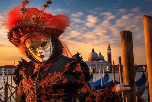 Person in Venetian Carnival Mask at Sunset