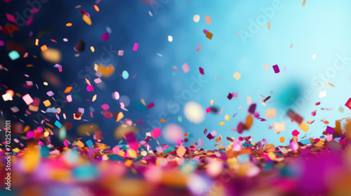 Dynamic and colorful confetti pieces falling in the air with a vibrant blue background, creating a celebration atmosphere.