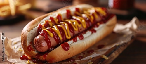 Horizontal photo of a hotdog and ketchup sandwich.