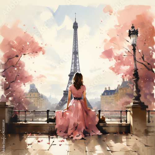 Beautiful girl with eifel tower in the background painting