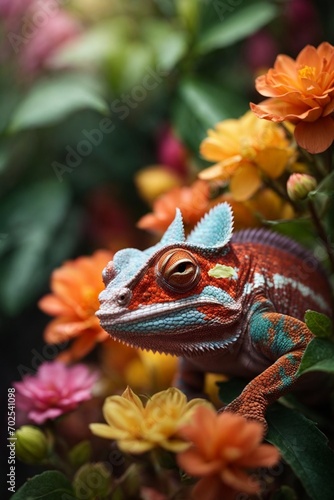 Chameleon on flower background, Chamaeleo calyptratus
