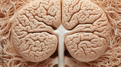 Close-up view of the human brain, highlighting the intricate textures and folds of the cerebral cortex, with a clear midline division against a neutral backdrop