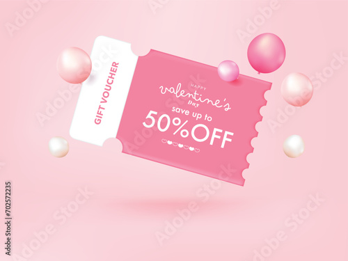 Happy valentine's day promotion sales and Coupon discount online purchases. gift, glossy heart isolated on pink background. 3d vector rendering.