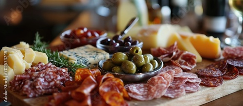 Assorted charcuterie and cheese platter with olives, Chorizo, and Semicurado cheese.