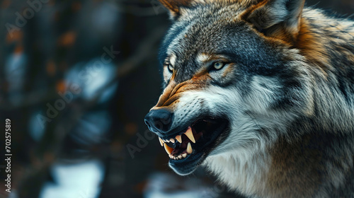 Portrait of a wolf in the woods. Close-up.