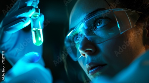 A scientist holds a vial of glowing liquid, their eyes filled with both fear and hope, as they push the boundaries of genetic engineering.