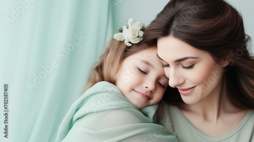 A tender close up photo of a mother and her daughter embracing. Concept of Mother's Day, parenting, motherhood and maternity