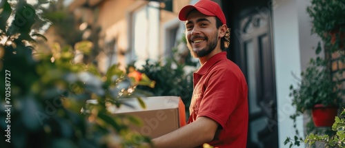Handsome delivery man sending parcel box to customer, mail postman courier, shipment concept.