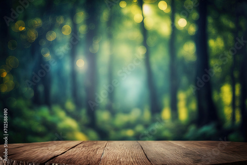 Beautiful blurred boreal forest background view with empty rustic wooden table for mockup product display. Picnic table with customizable space on table-top for editing. Flawless generative ai