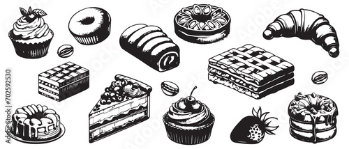 Vector sketch icons illustration set of desserts and bakery products. Vintage style drawing isolated on white background.