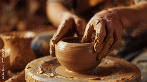 Hands of a potter doing pottery on a spinning wheel.