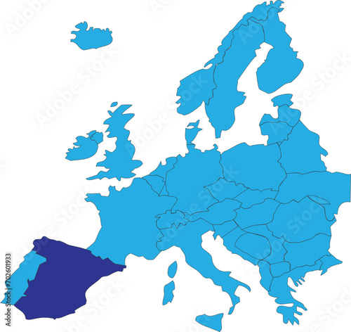 Dark blue CMYK national map of SPAIN inside simplified blue blank political map of European continent on transparent background using Peters projection