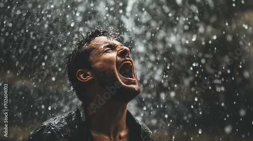 Man screaming in the pouring rain.