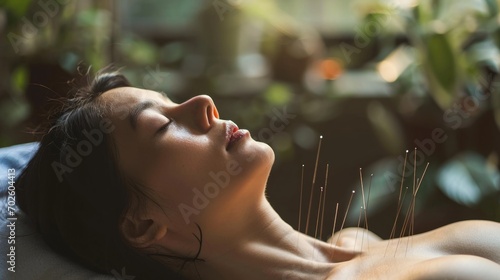 Alternative medicine: acupuncture treatment with fine needles to balance energy flow.