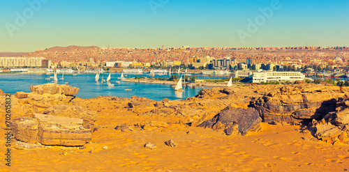 View of Aswan from the West bank of the Nile River. Egypt