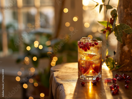 Anatomy of a Cocktail with Bitters and Candied Pomegranate Seeds in a Highball Glass on a Mid-century Side Table