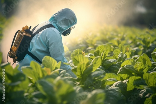 An agricultural worker wearing a safety suit and respirator applies chemical treatments to tobacco plants