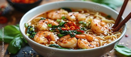 Shrimp in Asian ramen soup.