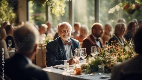 Smiling elderly man at a wedding reception