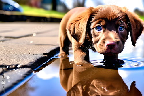 Drow a puppy who looks at his face reflected in a puddle after going out for a walk on a rainy day. Generative AI