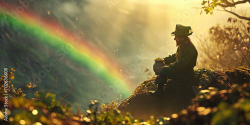 Leprechaun sitting on a pot of gold at the end of a rainbow 