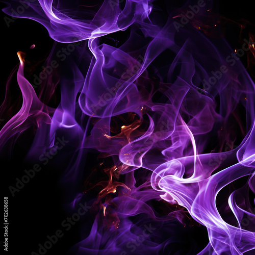 Tongues of purple fire on clear black background, purple flames and sparks background design