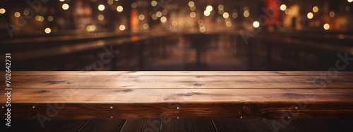 rustic wooden tabletop product display placement mockup surface with a bokeh light background, conveying a cozy, inviting atmosphere
