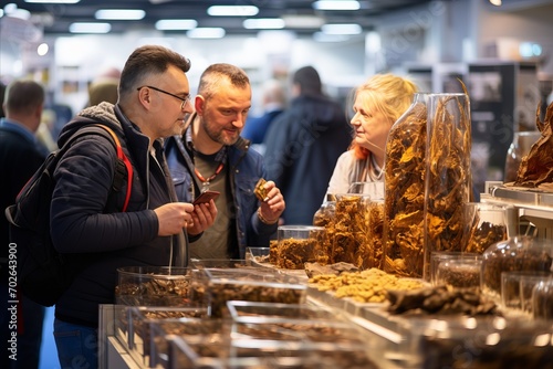 A scene from an international tobacco trade fair, where diverse stalls exhibit various tobacco products