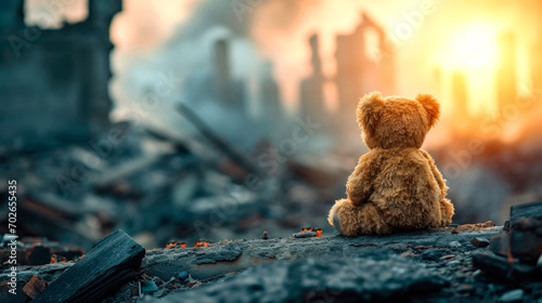 A soft children's toy teddy bear lies on the ruins of a destroyed city. AI generated